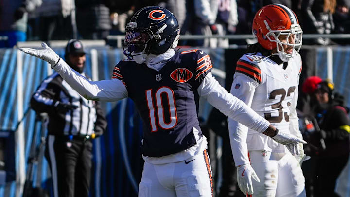 Dec 14, 2025; Chicago, Illinois, USA; Chicago Bears wide receiver Luther Burden III (10) celebrates after a first down during the first quarter against the Cleveland Browns at Soldier Field. Mandatory Credit: David Banks-Imagn Images Dec 14, 2025; Chicago, Illinois, USA; Chicago Bears wide receiver Luther Burden III (10) celebrates after a first down during the first quarter against the Cleveland Browns at Soldier Field. Mandatory Credit: David Banks-Imagn Images