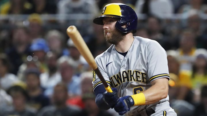 Jun 30, 2023; Pittsburgh, Pennsylvania, USA; Milwaukee Brewers third baseman Owen Miller (6) hits an