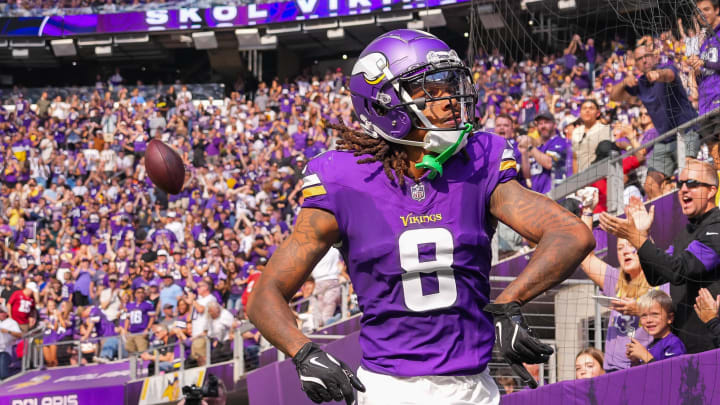 Aug 10, 2024; Minneapolis, Minnesota, USA; Minnesota Vikings wide receiver Trishton Jackson (8) celebrates his touchdown against the Las Vegas Raiders in the third quarter at U.S. Bank Stadium. Mandatory Credit: Brad Rempel-USA TODAY Sports Aug 10, 2024; Minneapolis, Minnesota, USA; Minnesota Vikings wide receiver Trishton Jackson (8) celebrates his touchdown against the Las Vegas Raiders in the third quarter at U.S. Bank Stadium. Mandatory Credit: Brad Rempel-USA TODAY Sports