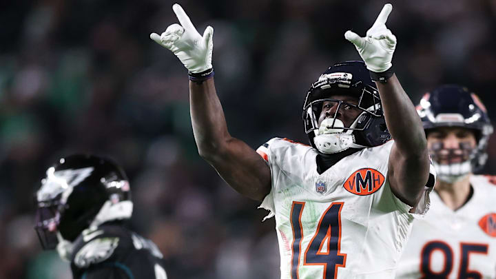 Nov 28, 2025; Philadelphia, Pennsylvania, USA; Chicago Bears wide receiver Olamide Zaccheaus (14) celebrates a first down against the Philadelphia Eagles during the fourth quarter of the game at Lincoln Financial Field. Nov 28, 2025; Philadelphia, Pennsylvania, USA; Chicago Bears wide receiver Olamide Zaccheaus (14) celebrates a first down against the Philadelphia Eagles during the fourth quarter of the game at Lincoln Financial Field.