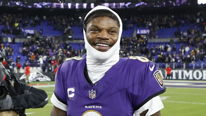 Jan 11, 2025; Baltimore, Maryland, USA; Baltimore Ravens quarterback Lamar Jackson (8) celebrates after defeating the Pittsburgh Steelers in an AFC wild card game at M&T Bank Stadium. Mandatory Credit: Geoff Burke-Imagn Images Jan 11, 2025; Baltimore, Maryland, USA; Baltimore Ravens quarterback Lamar Jackson (8) celebrates after defeating the Pittsburgh Steelers in an AFC wild card game at M&T Bank Stadium. Mandatory Credit: Geoff Burke-Imagn Images