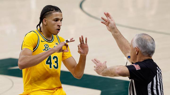 Mar 7, 2026; Waco, Texas, USA; Baylor Bears guard Cameron Carr (43) reacts after scoring a three-point basket against the Utah Utes during the second half at Paul and Alejandra Foster Pavilion. Mandatory Credit: Chris Jones-Imagn Images Mar 7, 2026; Waco, Texas, USA; Baylor Bears guard Cameron Carr (43) reacts after scoring a three-point basket against the Utah Utes during the second half at Paul and Alejandra Foster Pavilion. Mandatory Credit: Chris Jones-Imagn Images
