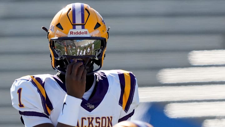 Dec 6, 2024; Birmingham, AL, USA; Jackson's Landon Duckworth (1) comes to the line of scrimmage to run a play against Cherokee County at Protective Stadium in the AHSAA 4A State Championship game. Dec 6, 2024; Birmingham, AL, USA; Jackson's Landon Duckworth (1) comes to the line of scrimmage to run a play against Cherokee County at Protective Stadium in the AHSAA 4A State Championship game.