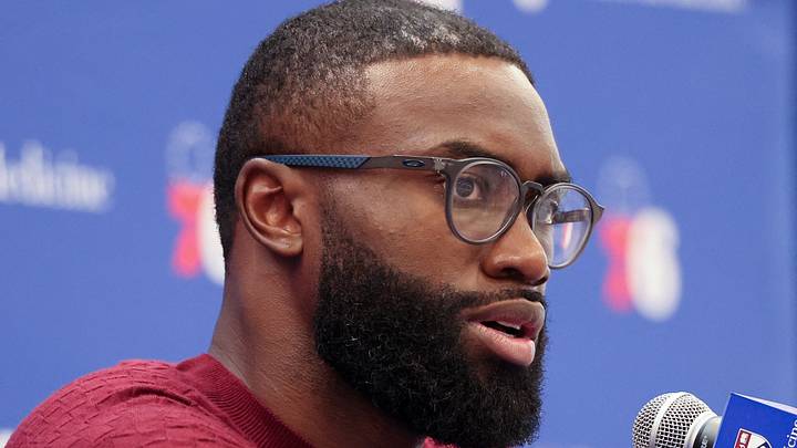 Aug 6, 2026; Camden, NJ, USA; Philadelphia 76ers guard Jaylen Brown speaks with the media during his introductory press conference at the Francis J. Myers Recreation Center. Mandatory Credit: Bill Streicher-Imagn Images