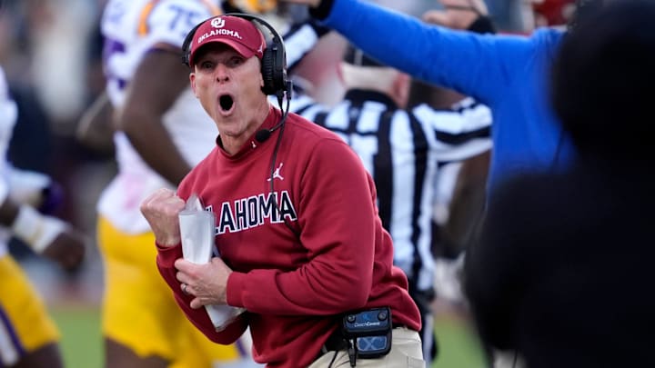 Oklahoma coach Brent Venables shouts during a college football game between the University of Oklahoma Sooners (OU) and the LSU Tigers at Gaylord Family – Oklahoma Memorial Stadium in Norman, Okla., Saturday, Nov. 29, 2025. Oklahoma won 17-13.