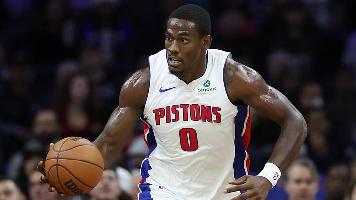 Nov 9, 2025; Philadelphia, Pennsylvania, USA; Detroit Pistons center Jalen Duren (0) dribbles the ball against the Philadelphia 76ers during the first quarter at Xfinity Mobile Arena. Mandatory Credit: Bill Streicher-Imagn Images