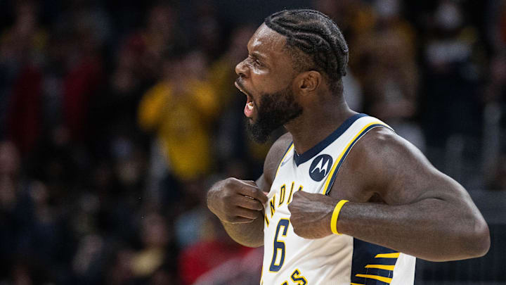 Jan 8, 2022; Indianapolis, Indiana, USA; Indiana Pacers guard Lance Stephenson (6) celebrates a made basket in the second half against the Utah Jazz at Gainbridge Fieldhouse. Mandatory Credit: Trevor Ruszkowski-Imagn Images
