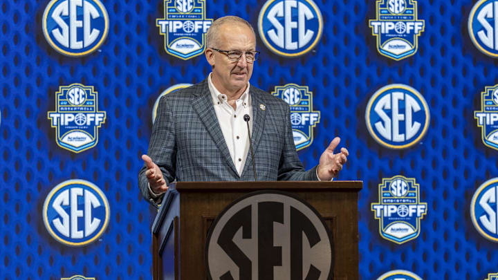 Oct 16, 2024; Birmingham, AL, USA; SEC commissioner Greg Sankey talks with the media during SEC Media Days at Grand Bohemian Hotel. Mandatory Credit: Vasha Hunt-Imagn Images