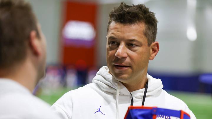 Florida head coach Jon Sumrall talks on the sideline during spring practice at Sanders Practice Fields in Gainesville, FL on Tuesday, April 7, 2026. [Alan Youngblood/Gainesville Sun]