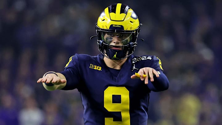 Jan 8, 2024; Houston, TX, USA; Michigan Wolverines quarterback J.J. McCarthy (9) reacts during the