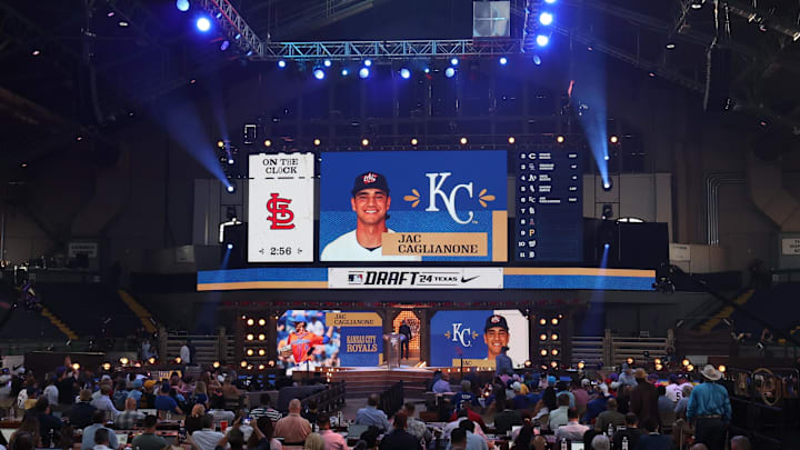 Jul 14, 2024; Ft. Worth, TX, USA; The Kansas City Royals draft  Jac Caglianone as the sixth pick during the first round of the MLB Draft at Cowtown Coliseum. Mandatory Credit: Kevin Jairaj-Imagn Images