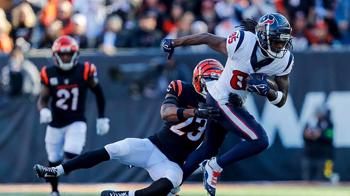 Nov 12, 2023; Cincinnati, Ohio, USA; Houston Texans wide receiver Noah Brown (85) runs with the ball against Cincinnati Bengals safety Dax Hill (23) in the first half at Paycor Stadium. Mandatory Credit: Katie Stratman-USA TODAY Sports Nov 12, 2023; Cincinnati, Ohio, USA; Houston Texans wide receiver Noah Brown (85) runs with the ball against Cincinnati Bengals safety Dax Hill (23) in the first half at Paycor Stadium. Mandatory Credit: Katie Stratman-USA TODAY Sports