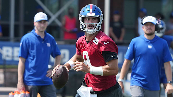 East Rutherford, NJ -- August 1, 2024 -- Quarterback, Daniel Jones during practice today at training camp for the New York Giants.