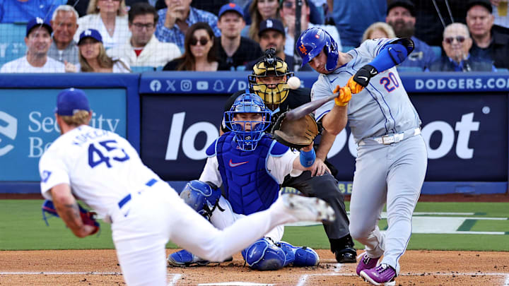Oct 20, 2024; Los Angeles, California, USA; New York Mets first base Pete Alonso (20) hits and reaches first base on an error during the first inning against the Los Angeles Dodgers during game six of the NLCS for the 2024 MLB playoffs at Dodger Stadium.