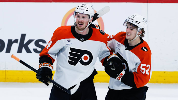 Apr 11, 2026; Winnipeg, Manitoba, CAN;  Philadelphia Flyers defenseman Nick Seeler (24) is congratulated by Philadelphia Flyers forward Denver Barkey (52) on his goal against the Winnipeg Jets during the third period at Canada Life Centre.