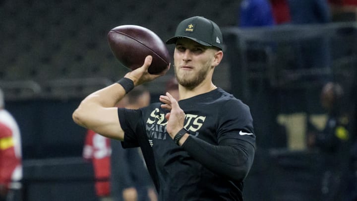 Sep 14, 2025; New Orleans, Louisiana, USA; New Orleans Saints quarterback Tyler Shough (6) throws before a game against the San Francisco 49ers at Caesars Superdome. Mandatory Credit: Matthew Hinton-Imagn Images
