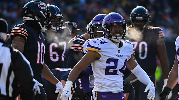 Vikings safety Camryn Bynum reacts after a big stop agains the Bears in 2023. Bynum is among the top free agent safeties.