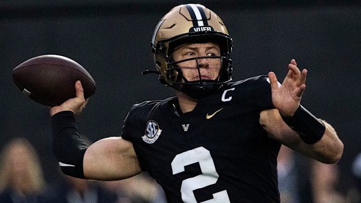 Vanderbilt Commodores quarterback Diego Pavia (2) throws to an open teammate against South Carolina Gamecocks during the first half FirstBank Stadium in Nashville, Tenn., Saturday, Nov. 9, 2024.