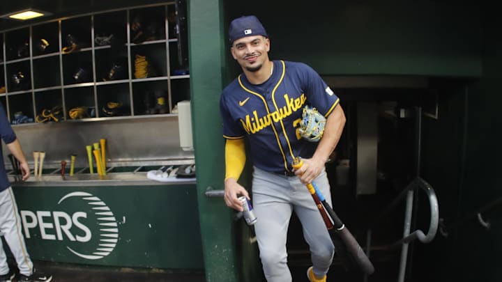 Sep 24, 2024; Pittsburgh, Pennsylvania, USA;  Milwaukee Brewers shortstop Willy Adames (27) enters the dugout to play the Pittsburgh Pirates at PNC Park.
