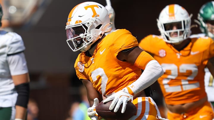 Sep 20, 2025; Knoxville, Tennessee, USA;  Tennessee Volunteers defensive back Andre Turrentine (2) after an interception against the UAB Blazers during the second half at Neyland Stadium. Mandatory Credit: Randy Sartin-Imagn Images