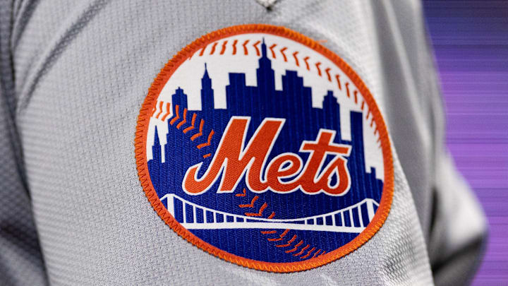 May 15, 2024; Philadelphia, Pennsylvania, USA; New York Mets logo on the sleeve of J.D. Martinez during a game against the Philadelphia Phillies at Citizens Bank Park. Mandatory Credit: Bill Streicher-Imagn Images