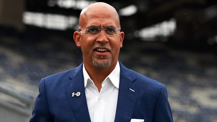 Sep 6, 2025; University Park, Pennsylvania, USA; Penn State Nittany Lions head coach James Franklin walks around the field prior to the game against the Florida International Panthers at Beaver Stadium. Mandatory Credit: Matthew O'Haren-Imagn Images