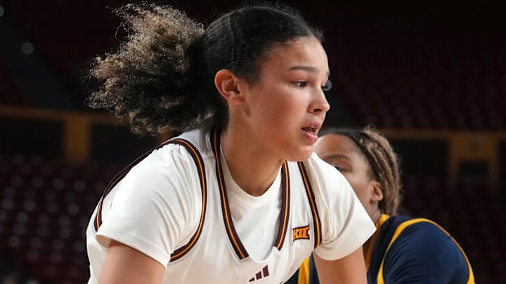 ASU Sun Devils forward McKinna Brackens (21) drives to the basket against the Coppin State Bald Eagles at Desert Financial Arena on Nov. 3, 2025.