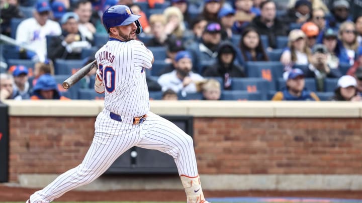 Apr 13, 2024; New York City, New York, USA; New York Mets first baseman Pete Alonso (20) hits an Apr 13, 2024; New York City, New York, USA; New York Mets first baseman Pete Alonso (20) hits an