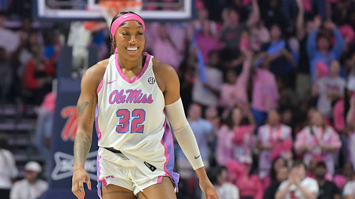 Ole Miss forward Cotie McMahon (32) reacts to making a three-pointer against LSU in a NCAA women’s college basketball game at the Sandy and John Black Pavilion at Ole Miss in Oxford, Miss. on Thursday, Feb. 19, 2026. Ole Miss forward Cotie McMahon (32) reacts to making a three-pointer against LSU in a NCAA women’s college basketball game at the Sandy and John Black Pavilion at Ole Miss in Oxford, Miss. on Thursday, Feb. 19, 2026.
