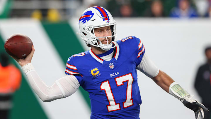 Oct 14, 2024; East Rutherford, New Jersey, USA; Buffalo Bills quarterback Josh Allen (17) throws a pass against the New York Jets during the second half at MetLife Stadium. Mandatory Credit: Ed Mulholland-Imagn Images