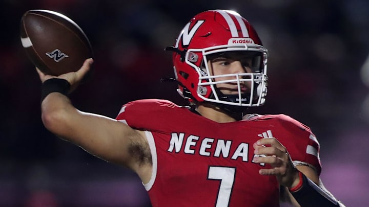 Neenah High School quarterback Ashton Van Beek (7) throws a pass during warm-ups before facing Appleton North in a Fox Valley Association game at Neenah, Wisconsin on Friday, September 26, 2025. Wm. Glasheen USA TODAY NETWORK-Wisconsi