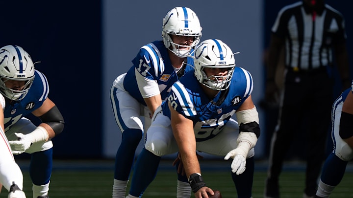 Indianapolis Colts quarterback Daniel Jones (17) goes under center Tanor Bortolini (60) ahead of the snap Sunday, Oct. 12, 2025, against the Arizona Cardinals at Lucas Oil Stadium in Indianapolis. Indianapolis Colts quarterback Daniel Jones (17) goes under center Tanor Bortolini (60) ahead of the snap Sunday, Oct. 12, 2025, against the Arizona Cardinals at Lucas Oil Stadium in Indianapolis.