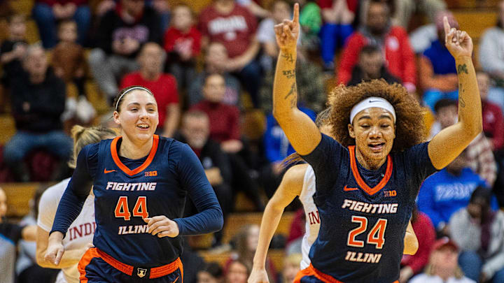 Illinois' Adalia McKenzie (24) and Kendall Bostic (44) celebrate McKenzie's basket during the Indiana versus Illinois women's basketball game at Simon Skjodt Assembly Hall on Thursday, Jan. 16, 2025. Illinois' Adalia McKenzie (24) and Kendall Bostic (44) celebrate McKenzie's basket during the Indiana versus Illinois women's basketball game at Simon Skjodt Assembly Hall on Thursday, Jan. 16, 2025.