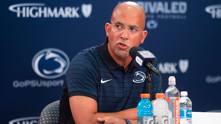 Penn State football coach James Franklin answers a question at a press conference at Beaver Stadium.