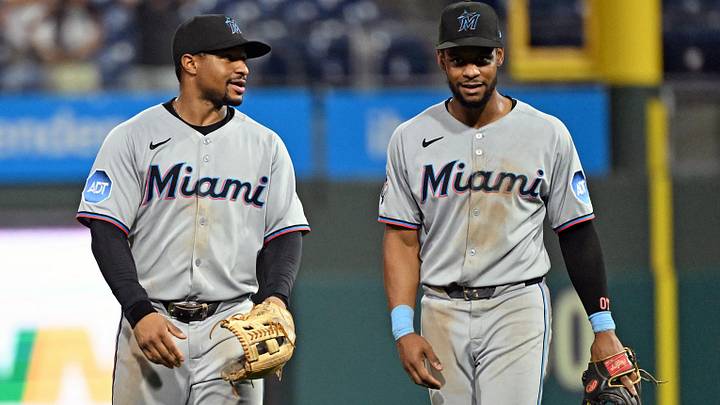 Miami Marlins shortstop Xavier Edwards (left) and second base Otto Lopez