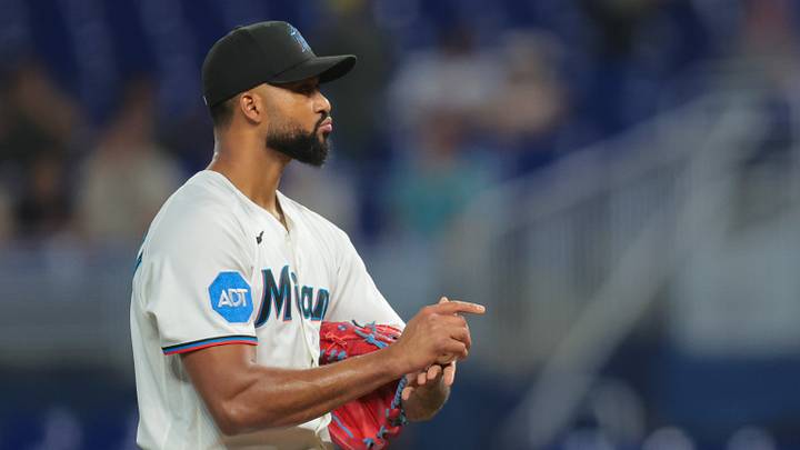 May 21, 2026; Miami, Florida, USA; Miami Marlins starting pitcher Sandy Alcantara (22) reacts against the Atlanta Braves during the first inning at loanDepot Park. May 21, 2026; Miami, Florida, USA; Miami Marlins starting pitcher Sandy Alcantara (22) reacts against the Atlanta Braves during the first inning at loanDepot Park.
