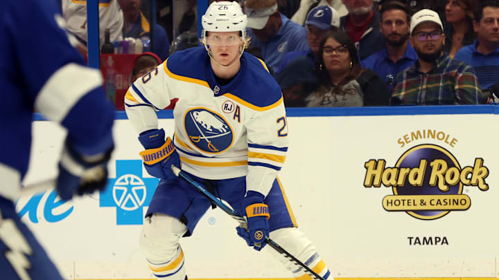 Apr 15, 2024; Tampa, Florida, USA;  Buffalo Sabres defenseman Rasmus Dahlin (26) skates with the puck against the Tampa Bay Lightning during the second period at Amalie Arena. Mandatory Credit: Kim Klement Neitzel-Imagn Images