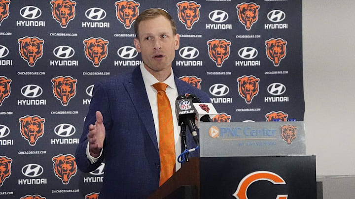 Jan 22, 2025; Lake Forest, IL, USA; Chicago Bears head coach Ben Johnson answers questions during a introductory press conference at PNC Center. Mandatory Credit: David Banks-Imagn Images