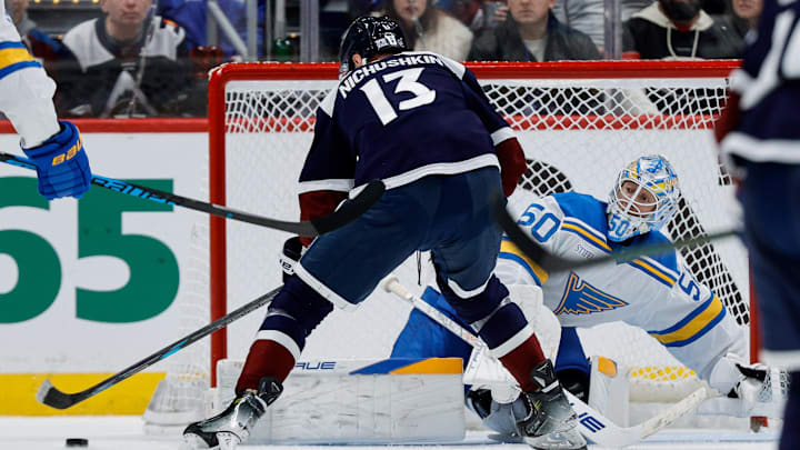 Dec 31, 2025; Denver, Colorado, USA; Colorado Avalanche right wing Valeri Nichushkin (13) scores his third goal of the game against St. Louis Blues goaltender Jordan Binnington (50) in the third period at Ball Arena. Mandatory Credit: Isaiah J. Downing-Imagn Images Dec 31, 2025; Denver, Colorado, USA; Colorado Avalanche right wing Valeri Nichushkin (13) scores his third goal of the game against St. Louis Blues goaltender Jordan Binnington (50) in the third period at Ball Arena. Mandatory Credit: Isaiah J. Downing-Imagn Images