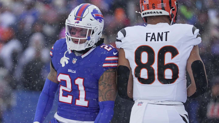 Buffalo Bills safety Jordan Poyer reacts to a tackle during first half action at Highmark Stadium in Orchard Park on Dec. 7, 2025.
