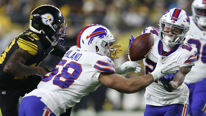 Dec 15, 2019; Pittsburgh, PA, USA;   Buffalo Bills outside linebacker Matt Milano (58) and cornerback Taron Johnson (24) look to recover a Pittsburgh Steelers fumble during the second quarter at Heinz Field. 