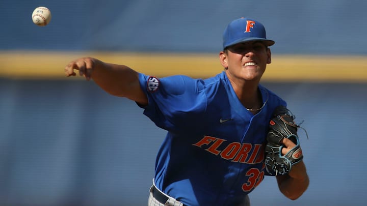 Florida pitcher Franco Aleman (35) makes a pitch in a start against Alabama during the SEC Tournament on May 27, 2021, in the Hoover Met in Hoover, Ala.