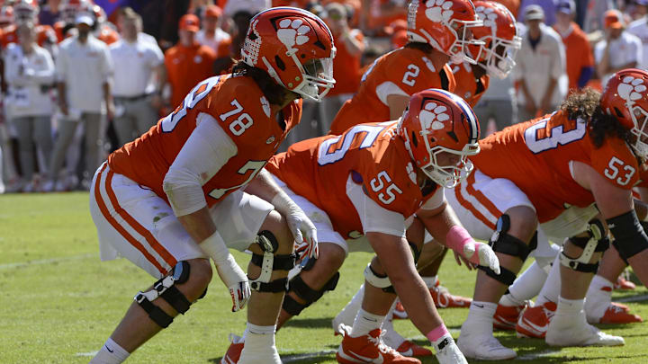 Oct 19, 2024; Clemson, South Carolina, USA; Clemson Tigers offensive lineman Blake Miller (78) lines up against the Virginia Cavaliers at Memorial Stadium. Mandatory Credit: Alexander Hicks-Imagn Images