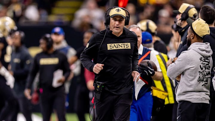 Dec 15, 2024; New Orleans, Louisiana, USA;  New Orleans Saints interim head coach Darren Rizzi against the Washington Commanders during the second half at Caesars Superdome. Mandatory Credit: Stephen Lew-Imagn Images