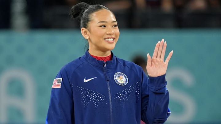 Sunisa Lee of the United States waves after winning the bronze during the Paris 2024 Olympic Summer Games. Sunisa Lee of the United States waves after winning the bronze during the Paris 2024 Olympic Summer Games.
