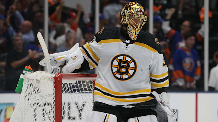 Jun 9, 2021; Uniondale, New York, USA; Boston Bruins goalie Tuukka Rask (40) reacts after a goal by New York Islanders right wing Kyle Palmieri (not pictured) during the second period of game six of the second round of the 2021 Stanley Cup Playoffs at Nassau Veterans Memorial Coliseum. Mandatory Credit: Brad Penner-Imagn Images