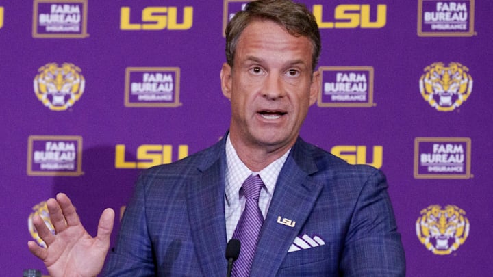 LSU new head coach Lane Kiffin speaks at South Stadium Club at Tiger Stadium.