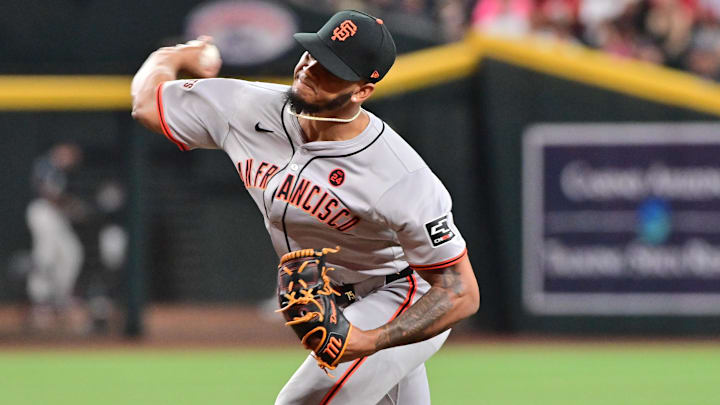 Sep 23, 2024; Phoenix, Arizona, USA;  San Francisco Giants pitcher Camilo Doval (75) throws in the eighth inning against the Arizona Diamondbacks at Chase Field.