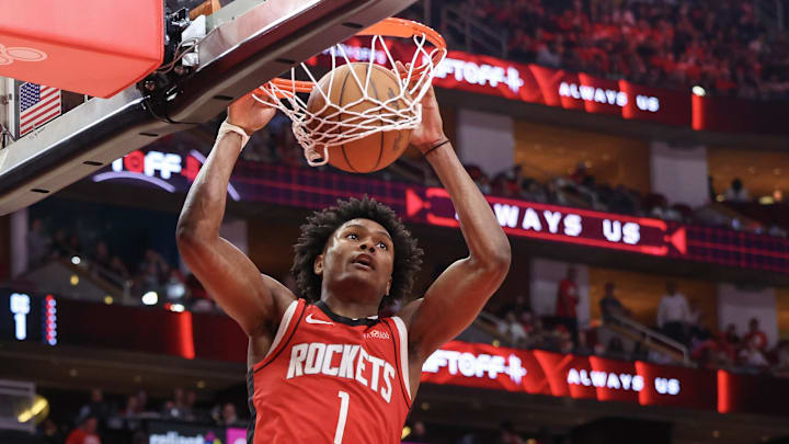 Apr 30, 2025; Houston, Texas, USA; Houston Rockets forward Amen Thompson (1) dunks against the Golden State Warriors in the fourth quarter during game five of first round for the 2025 NBA Playoffs at Toyota Center. Mandatory Credit: Thomas Shea-Imagn Images