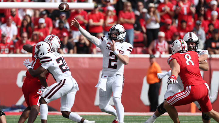 Sep 20, 2025; Salt Lake City, Utah, USA; Texas Tech Red Raiders quarterback Behren Morton (2) passes the ball against the Utah Utes during the first quarter at Rice-Eccles Stadium. Mandatory Credit: Rob Gray-Imagn Images Sep 20, 2025; Salt Lake City, Utah, USA; Texas Tech Red Raiders quarterback Behren Morton (2) passes the ball against the Utah Utes during the first quarter at Rice-Eccles Stadium. Mandatory Credit: Rob Gray-Imagn Images